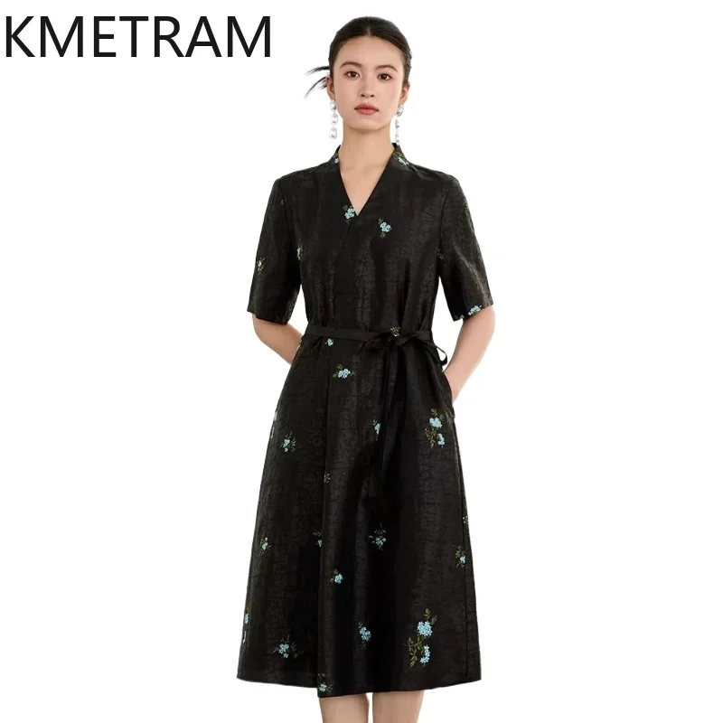 

KMETRAM 100% Шелковое платье из тутового шелкопряда Xiangyun Sha, черное, длинное, 2026, женская одежда, элитное летнее платье с V-образным вырезом, женское платье