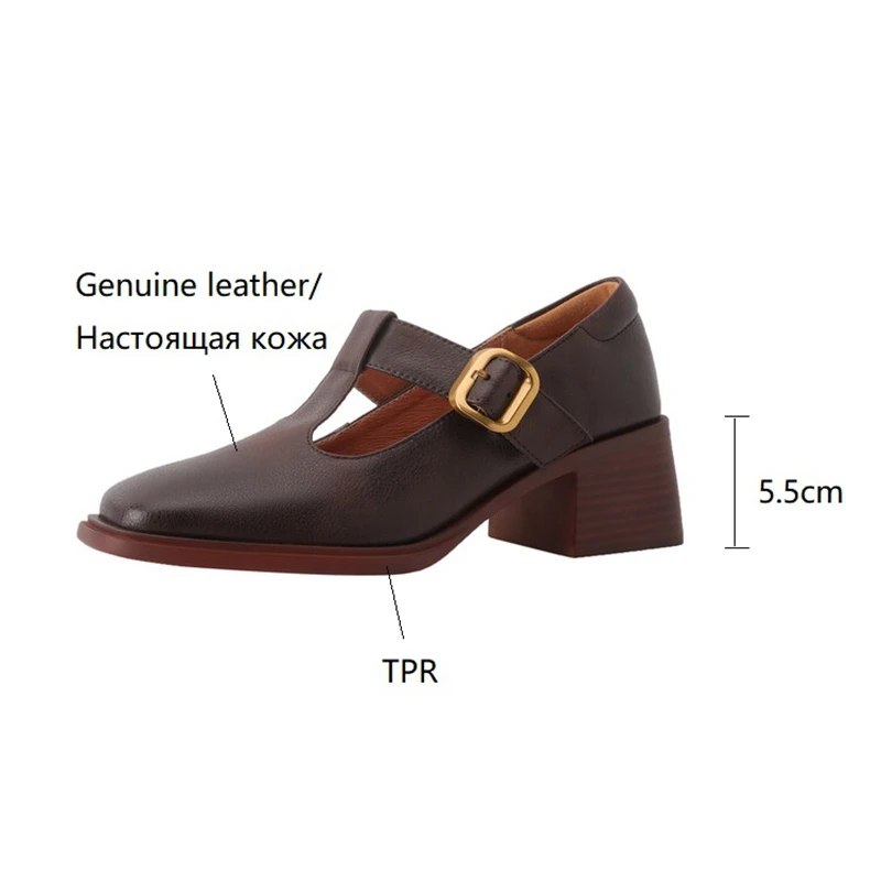 NEW Spring Women Pumps Genuine Leather Shoes for Women Square Toe Chunky Heel Shoes Retro Mid-heel Mary Janes Retro Brown Shoes