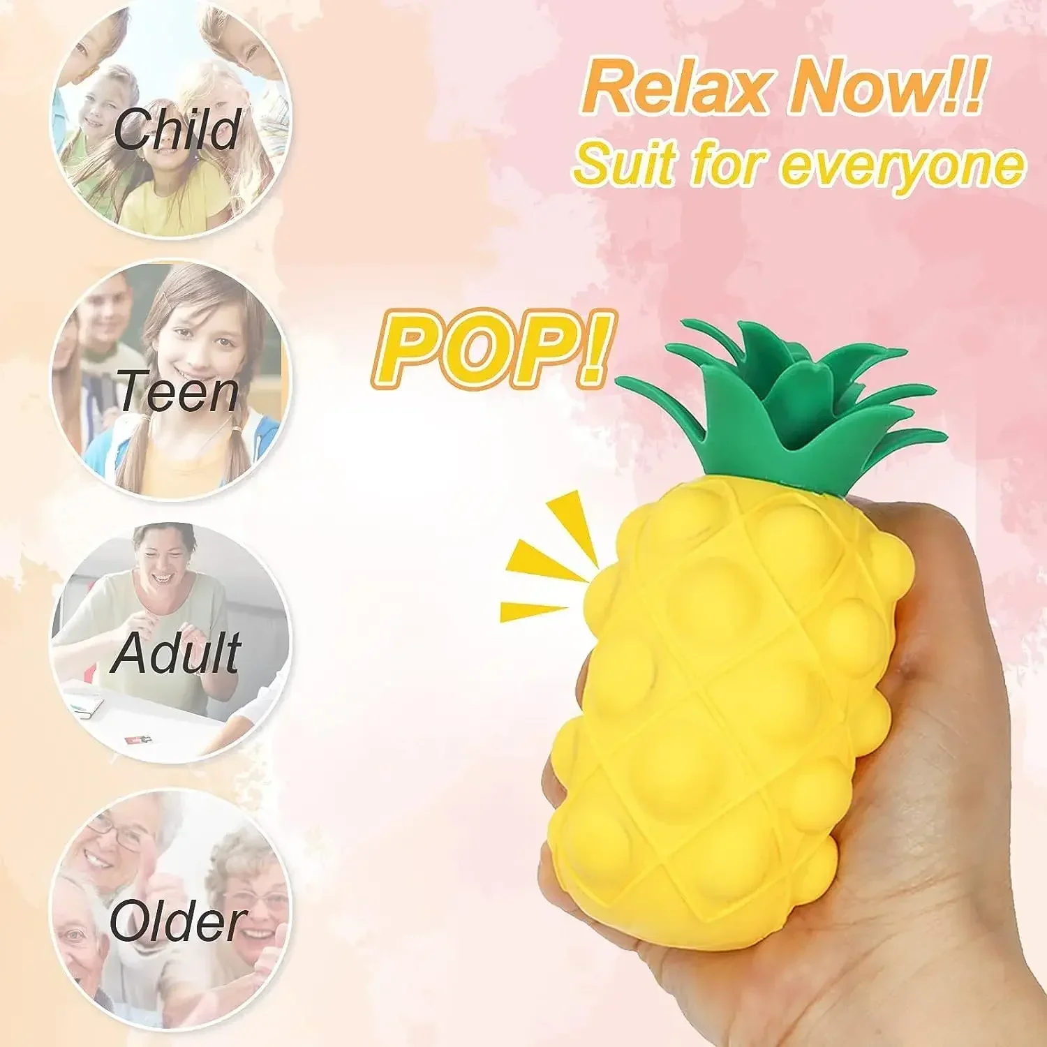 Pineapple Pop It Squeeze Toy, realistic yellow pineapple shape with pressable bubble bumps, soft silicone, popping sound when pressed, suitable for kids, teens, adults and elders, portable stress relief fidget.