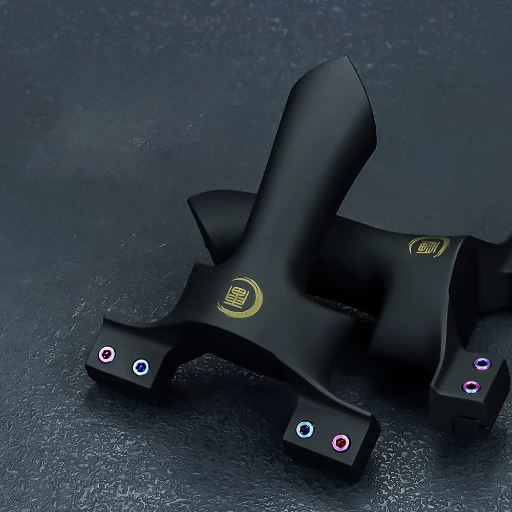Black Resin Y-Shaped Slingshot with Flat Top Clamp, Four Colorful Screws & Golden Emblem for Outdoor Practice
