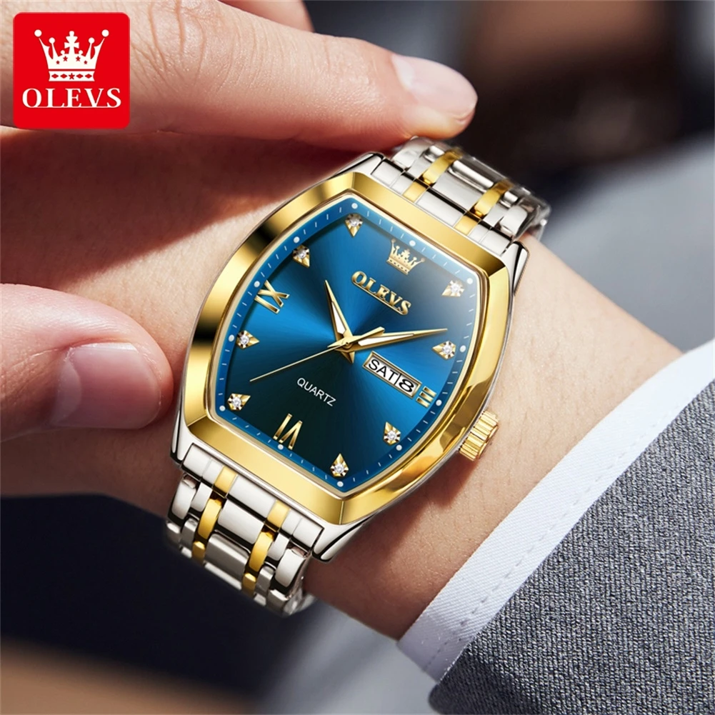 OLEVS 5528 Tonneau Dial Men's Quartz Watches Waterproof Luminous Dual Calendar Stainless Steel Man Watch Original Brand Watches
