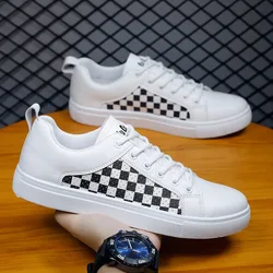 Plaid Leather Men Casual Shoes Outdoor White Men's Sneakers Comfort Male Flats Lace Up Jogging Breathable Board Shoes 2024 New