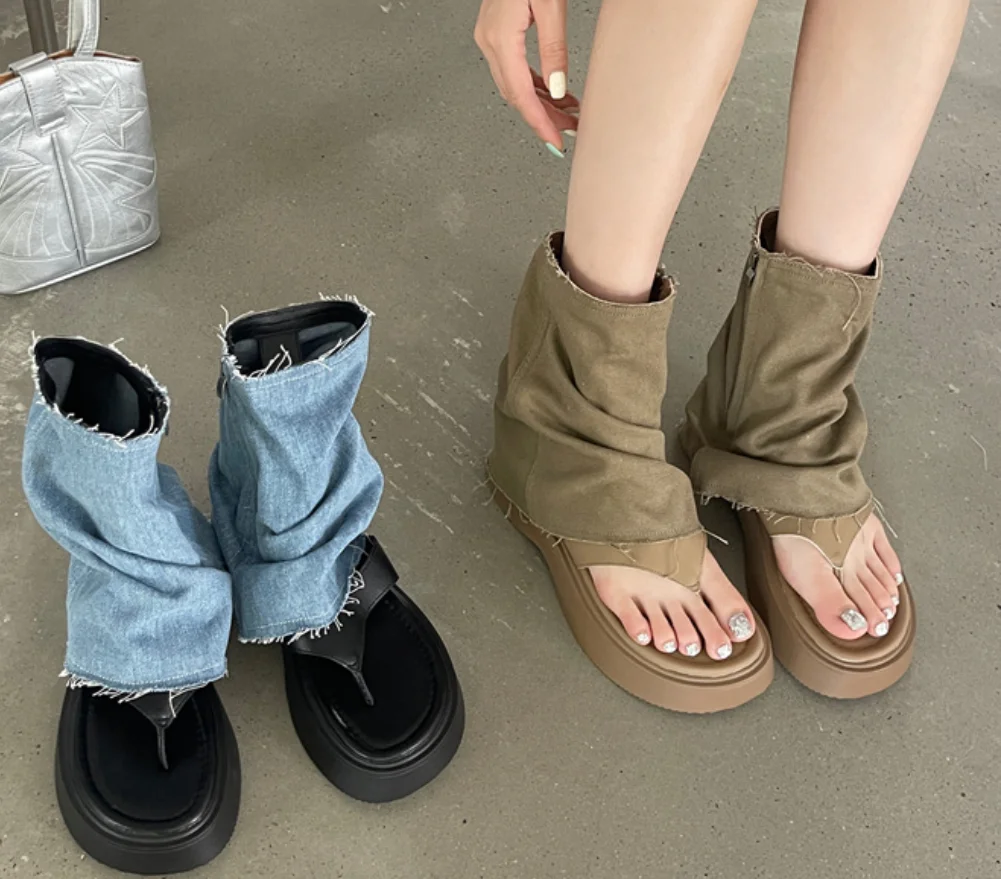 2023 Gladiator Sandals Denim Boots Summer Women Thong Clip Toe Platform Wedge Heel Casual Flats High Top Booties Sandals Girl