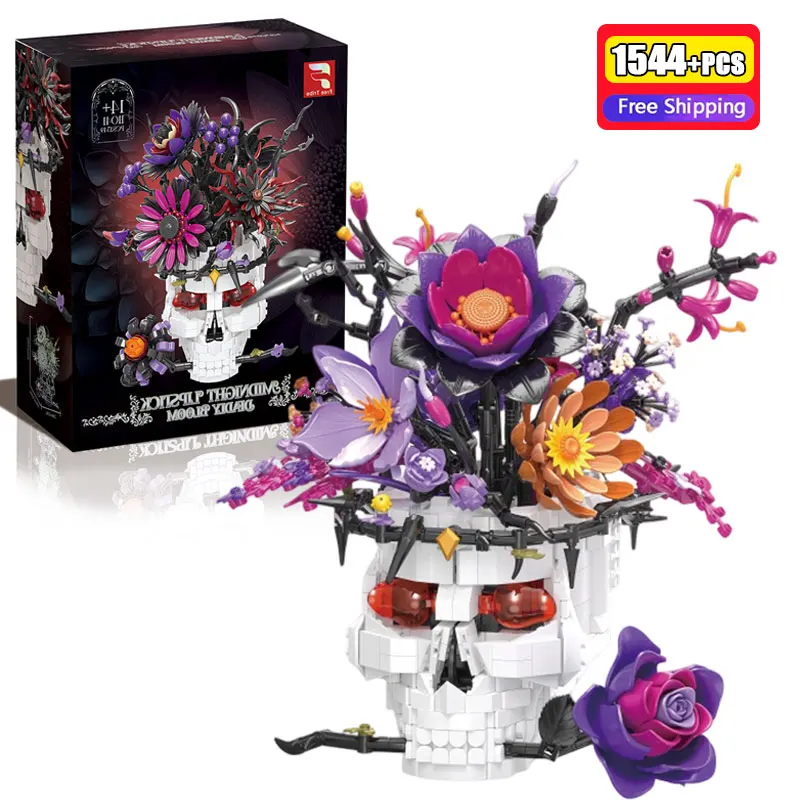

1544 Pcs Skull Flower Pot Building Blocks Gothic Floral Bouquet MOC Skull Vase Bricks Eternal Flowers Model Halloween Toy Gift