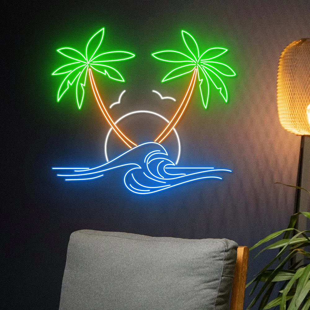 

Sun Ocean Waves Palm Tree Neon Sign Beach Led Sign Custom Holiday Tropical Sea Island Pool Party Room Wall Decor Neon Best Gift