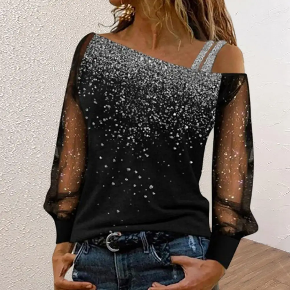 Women Blouse Women Spring Top Elegant Commute T-shirt Blouse Women's Shiny Sequin Mesh Blouse Oblique Neck Soft Loose Spring Top