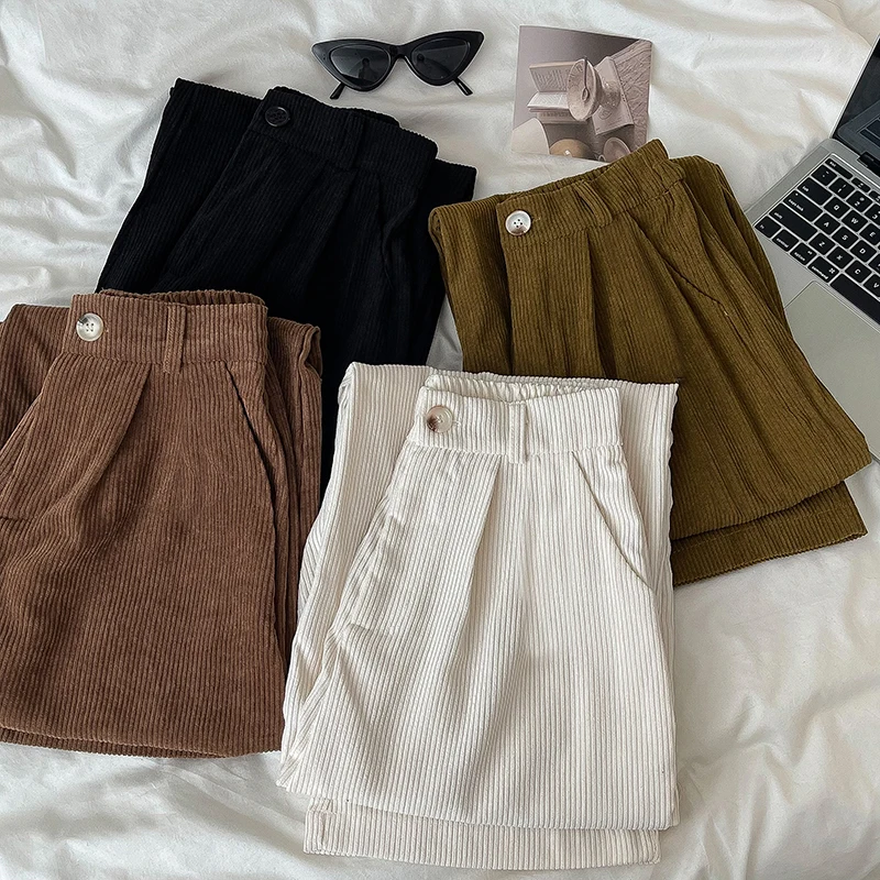 Vintage Corduroy Wide Leg Pants Women High Waist Fall Korean Loose Pockets Trousers Solid Casual Office Lady Full Length Pants