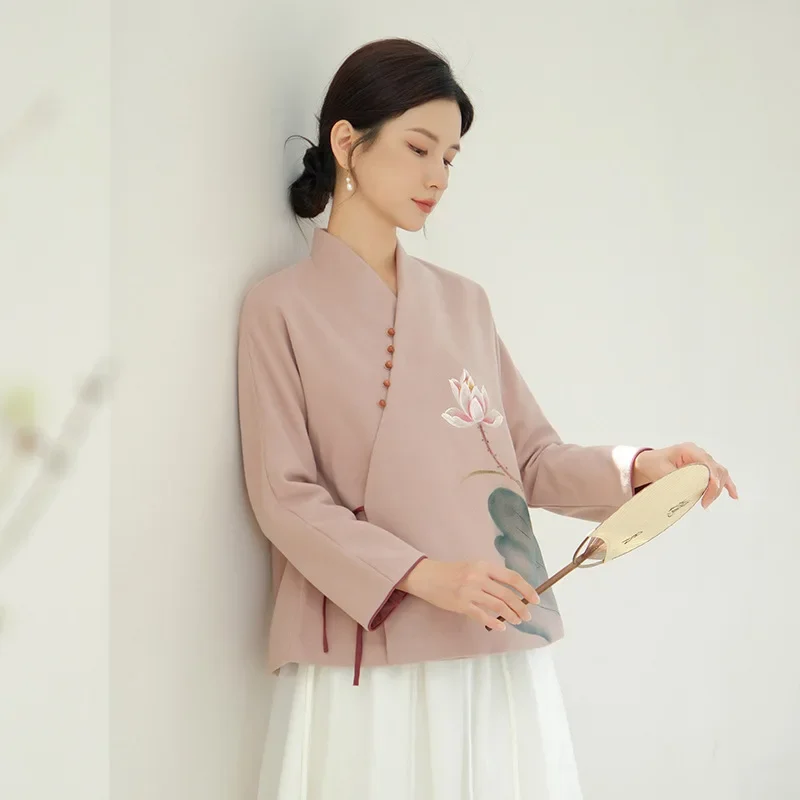 Vestido rosa longo Hanfu Tang para mulheres, terno Tang melhorado, casaco original, blusa nova em estilo chinês, camisa feminina, primavera