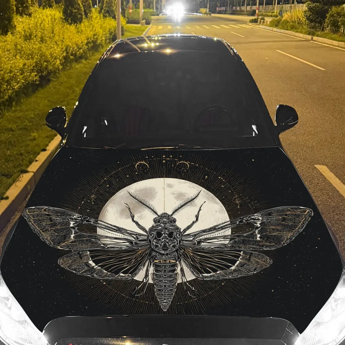 Car Decals Moth with Mystical Circular Design Car Hood Sticker, Waterproof Self - Adhesive Vinyl Graphics Decals, Decorative Pro