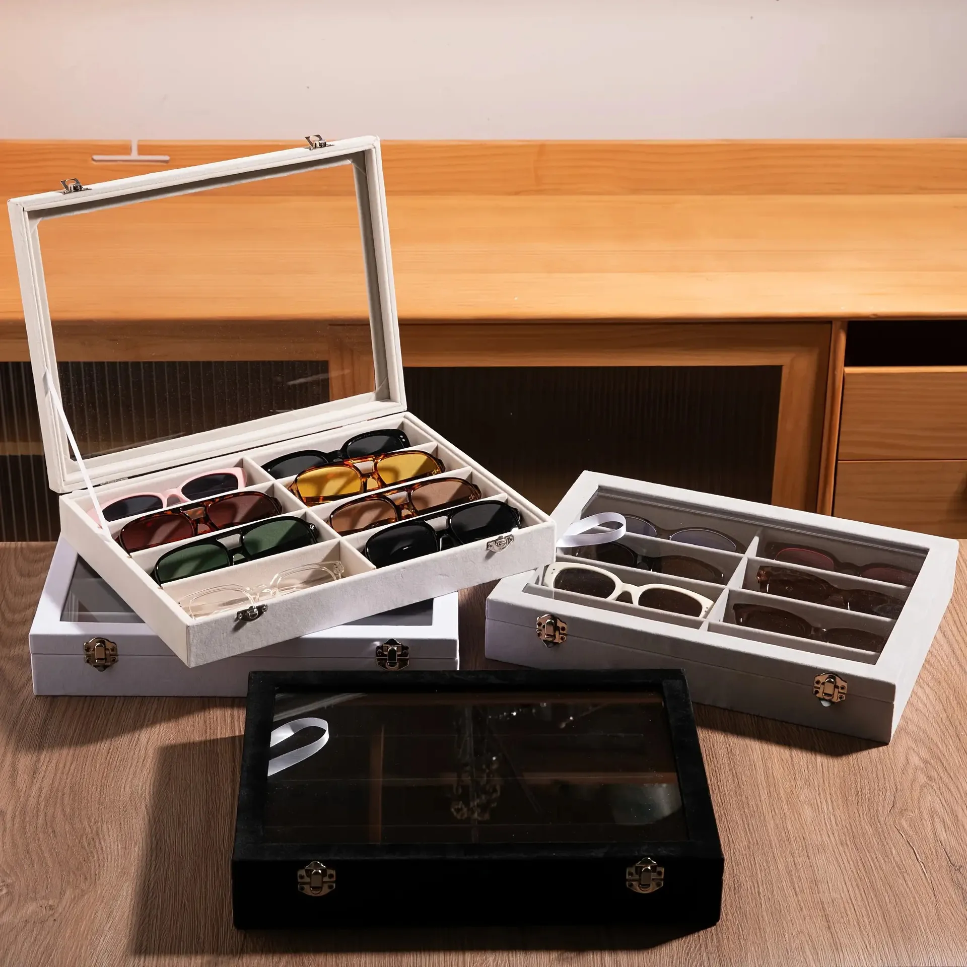 1pc 8Grids Sunglasses Storage Box Flannel Material Glasses Display Rack General Sunglasses Storage Rack With Lock