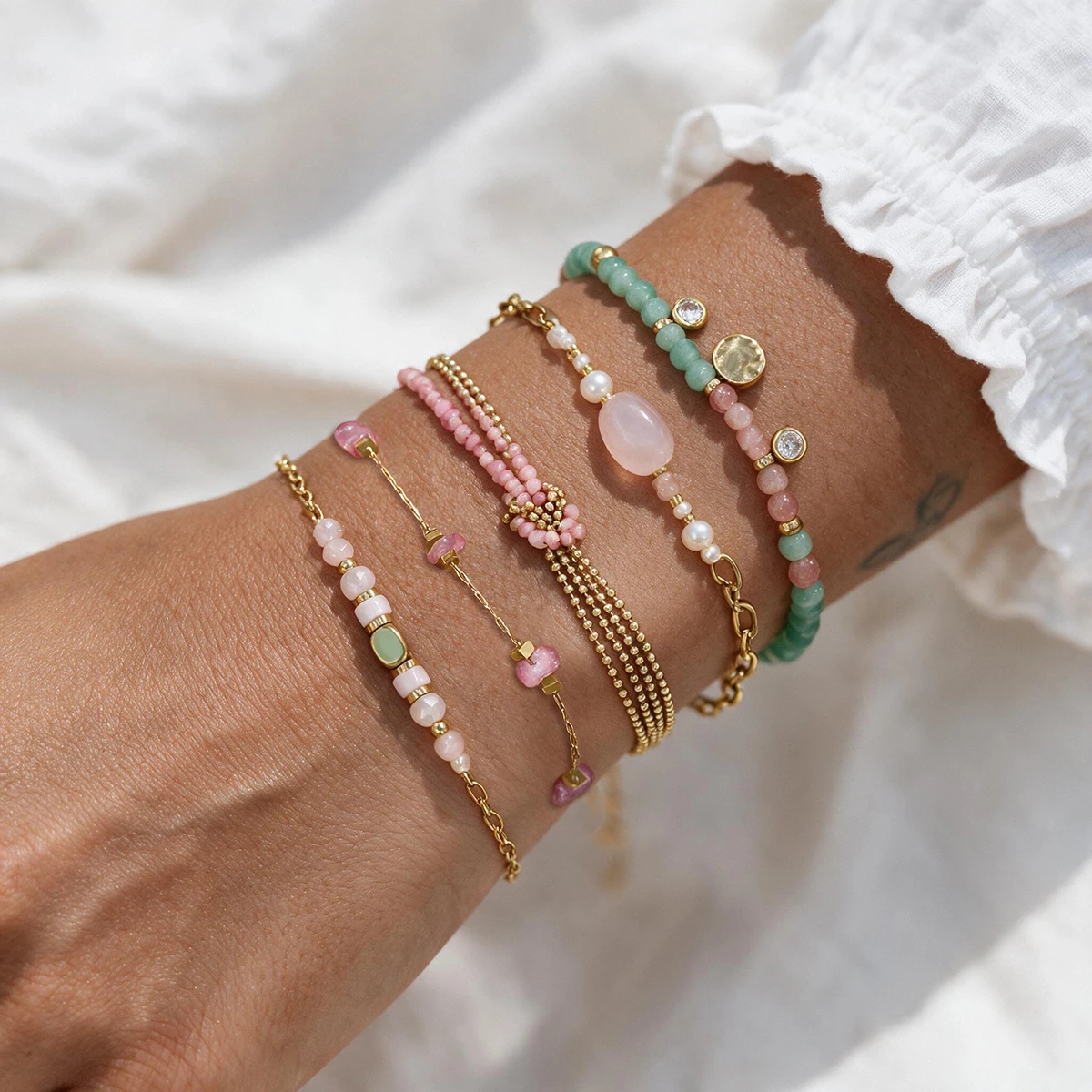 WILD & FREE Trendy Pink Stone Charm Bracelets for Women 18K Gold Plated Stainless Steel Stackable Boho Jewelry