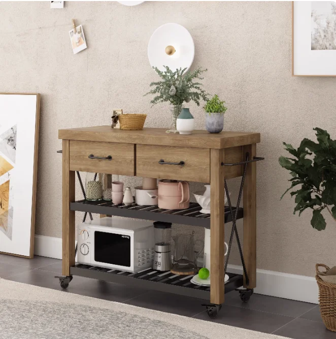 Classic rubber wood kitchen island cart with a wooden top