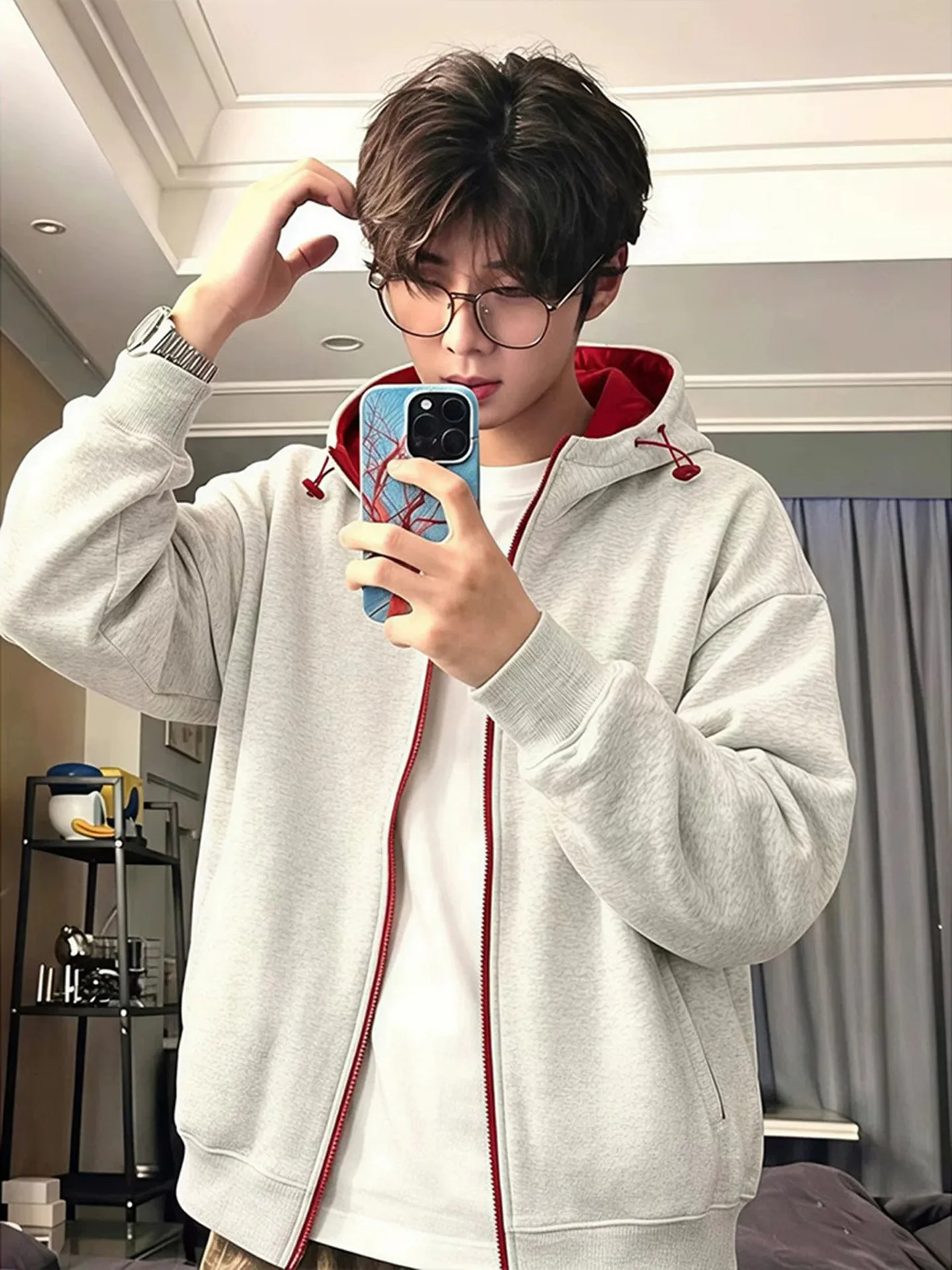 Cleanfit Grey Color Block Hoodie Cardigan Unisex Heavyweight Autumn Jacket Hard And Stiff for Couples Casual Loose Fit Long S...