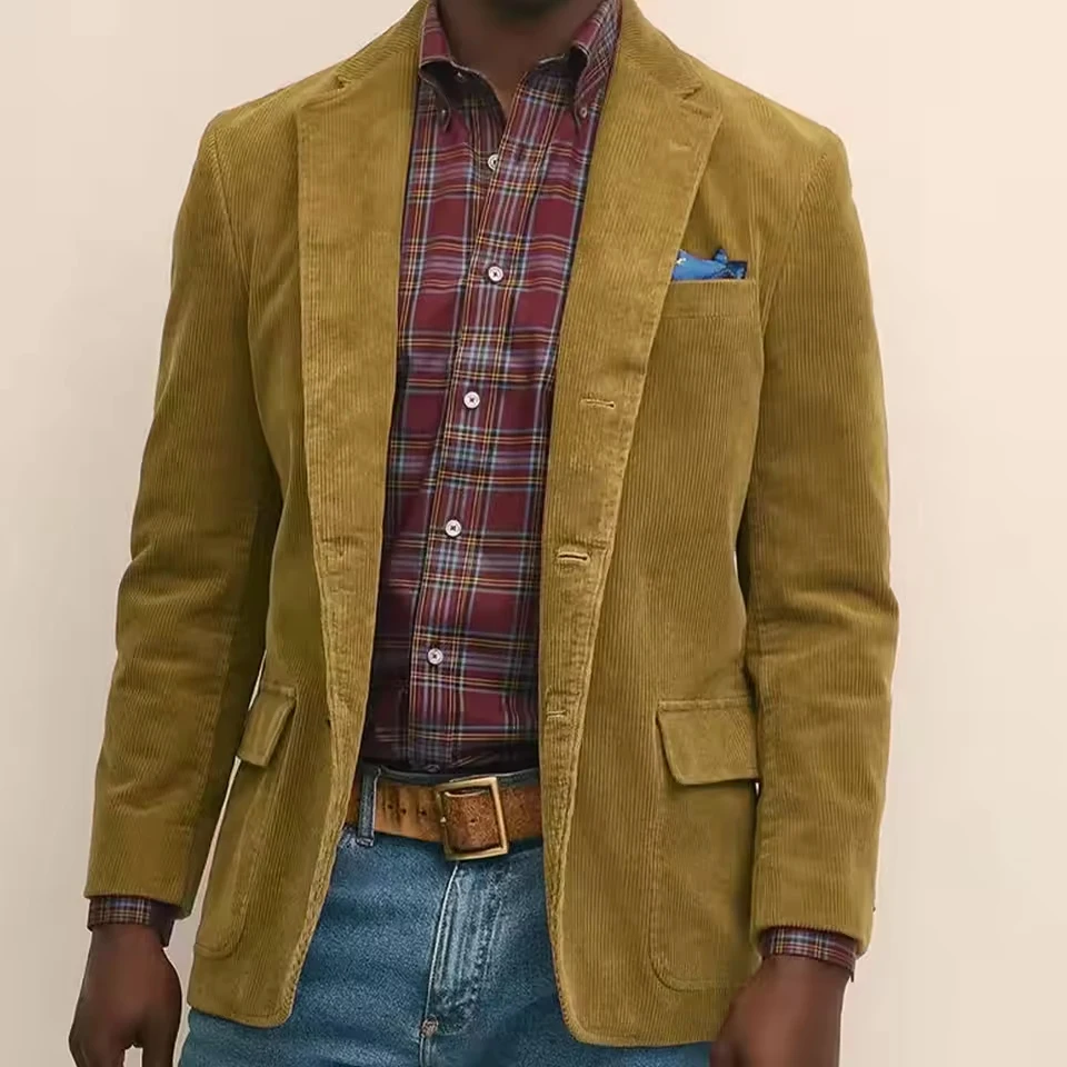 Mens Corduroy Blazer Jacket Single Breasted Blend Fabric Notched Lapel Comfort Breathable Business Casual Suit Outerwear Coat image 3