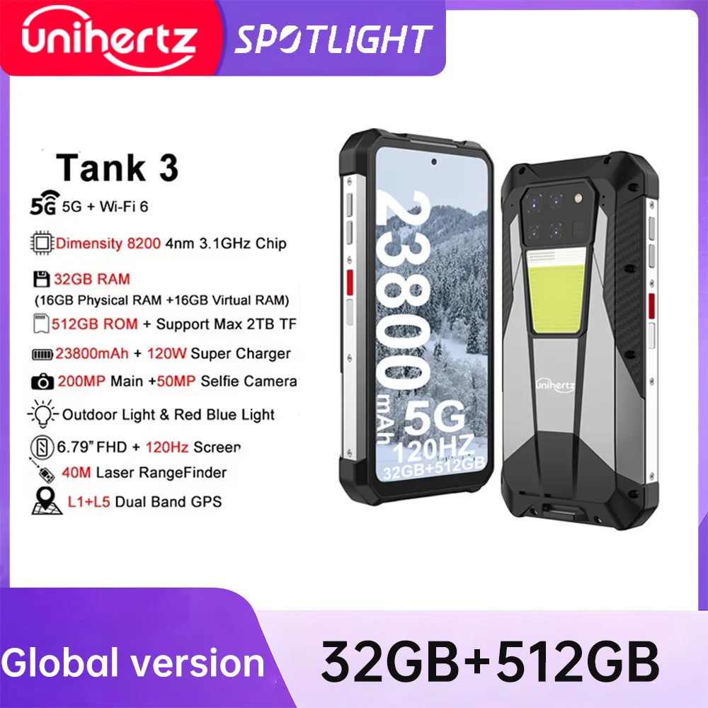 Unihertz 8849 탱크 3 견고한 스마트폰, 안드로이드 14, 23800mAh, 5G, 야외 휴대폰 잠금 해제, 32GB + 512GB, 휴대폰 치수 8200 CPU 