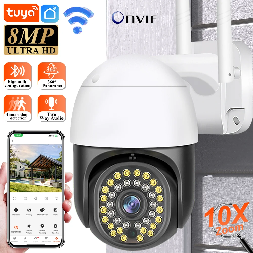 

Tuya 8MP камера AI отслеживание человека двустороннее аудио HD ночной цвет беспроводное охранное наблюдение PTZ Wi-Fi открытый 360 ° Поворотная камера