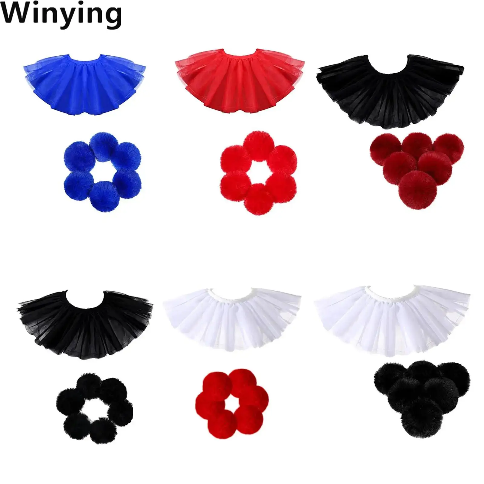 Halloween Clown Ruffled Tulle Faux Collar And 6pcs Pompoms Costume Accessories for Jester Themed Party Circus Performance