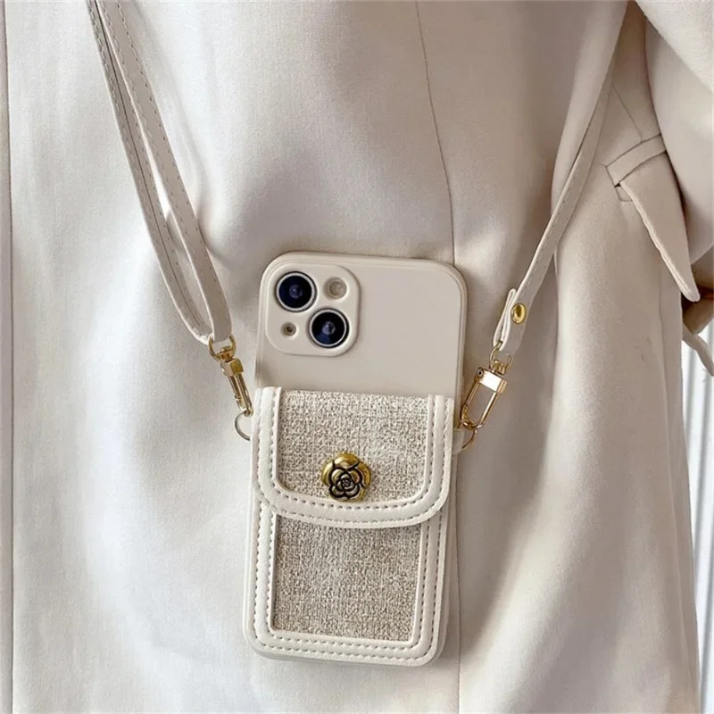 Luxe 3d Camellia Bloem Lederen Kaart Tas Crossbody Lanyard Zachte Hoes Voor Iphone 15 14 16 Pro Max 13 12 11 X Xs Xr 7 8 Cover