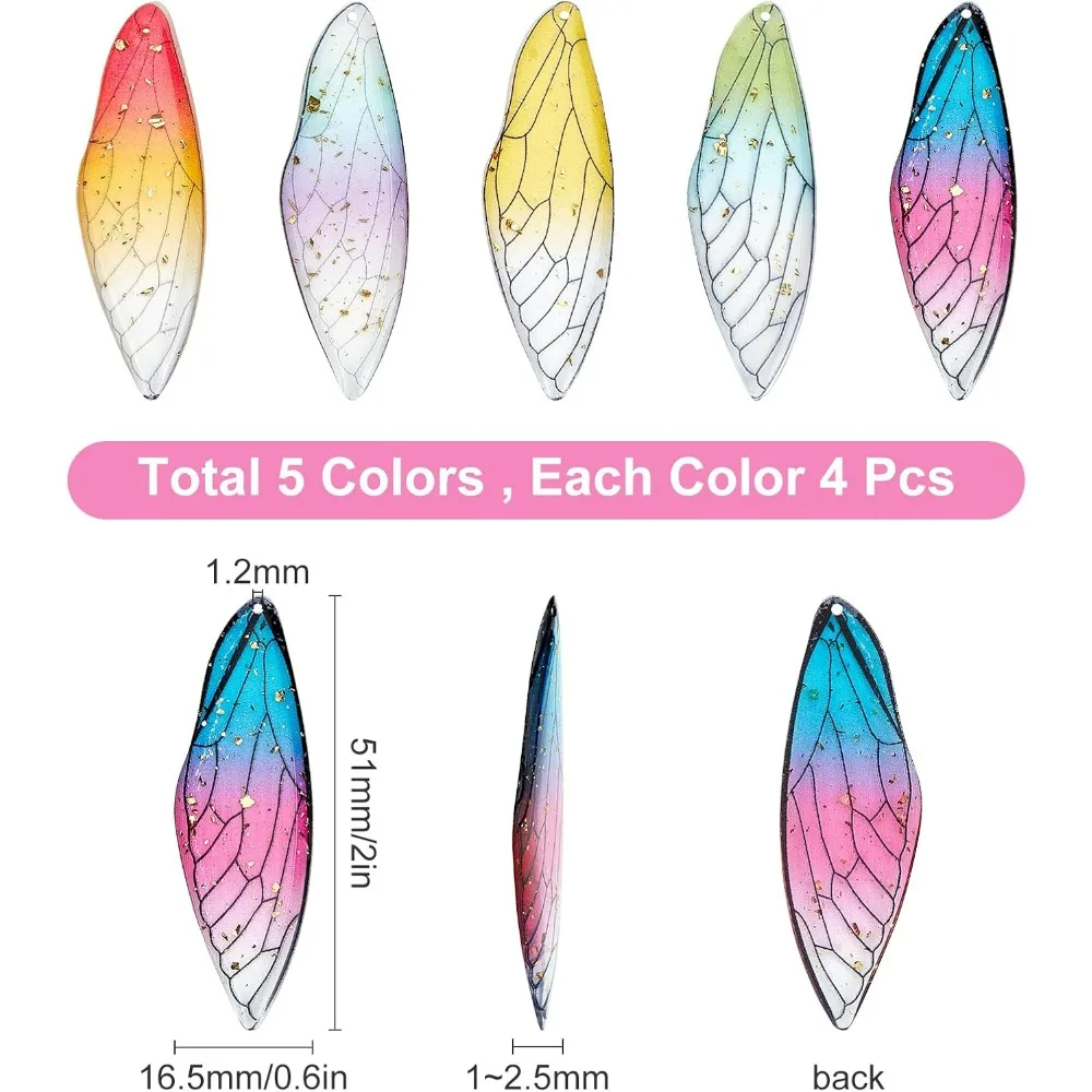 20Pcs 5 Colors Butterfly Wing Resin Pendants Insect Dragonfly Wing Charms Transparent Feather Drop Charms with Gold Foil