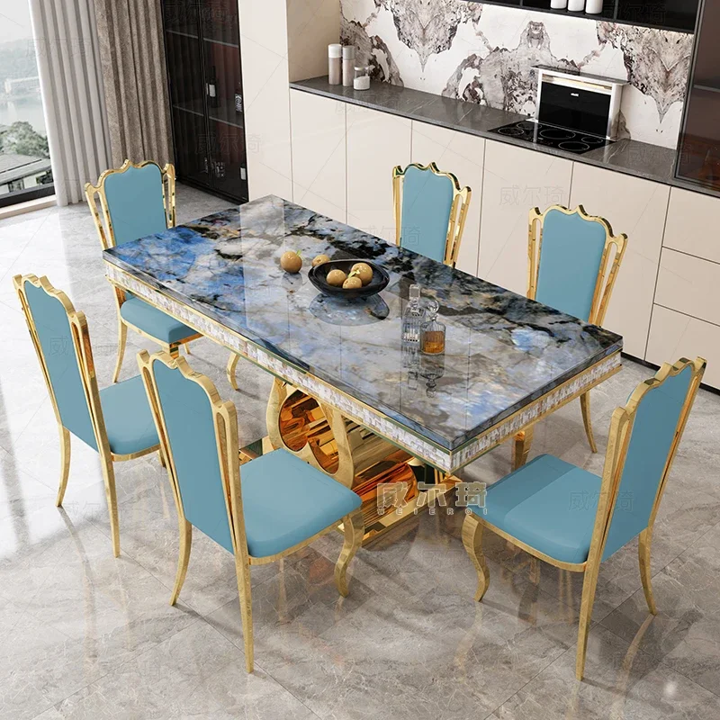 Light luxury post-modern marble dining table and chair combination simple Nordic small apartment household stainless steel recta