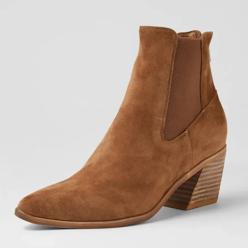 

Soft Cow Leather Pointed toe Twin gussets Rear zip Slanted block heel Women Ankle Boots