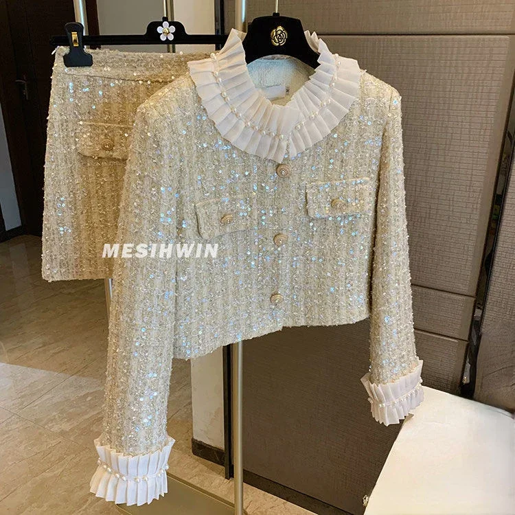 Heavy Industry Sequins Jacket Women Thick Beaded Top Ruffle Lace Mini Skirts Two Piece Sets Womens Outifits Autumn Winter