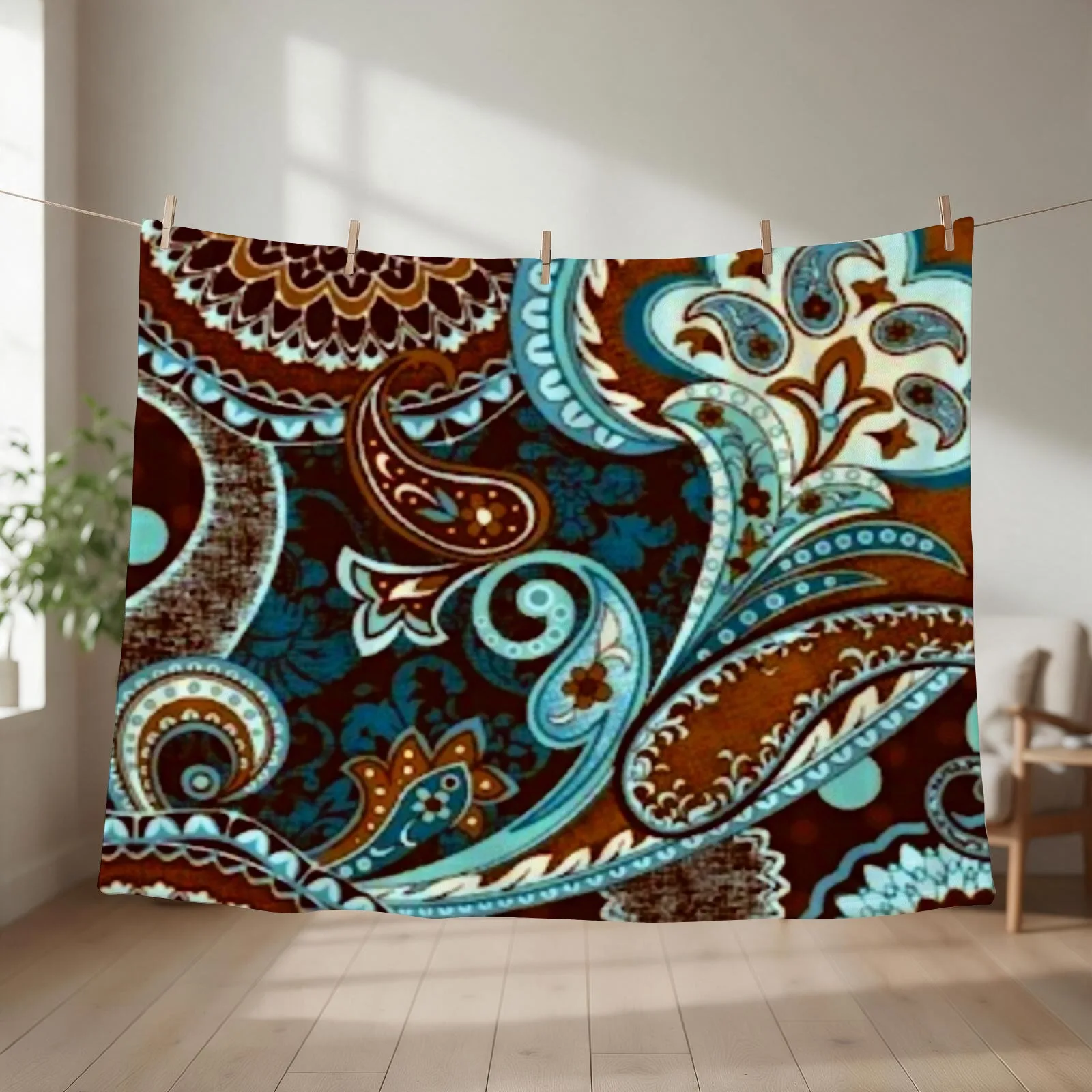 Turquoise Brown Vintage Paisley Throw Blanket couch cozy soft plush fuzzy picnic outdoor blanket