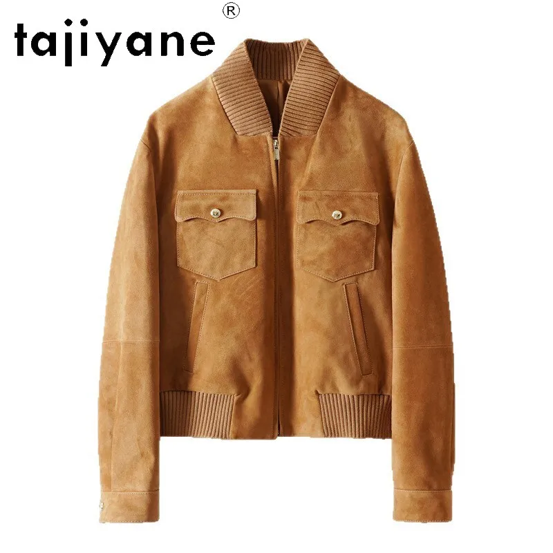 TAJIYANE Genuine Leather Jacket Women Vintage Goat Suede Leather Coat Outerwear Knitted Stand Collar Baseball Jackets Jaqueta