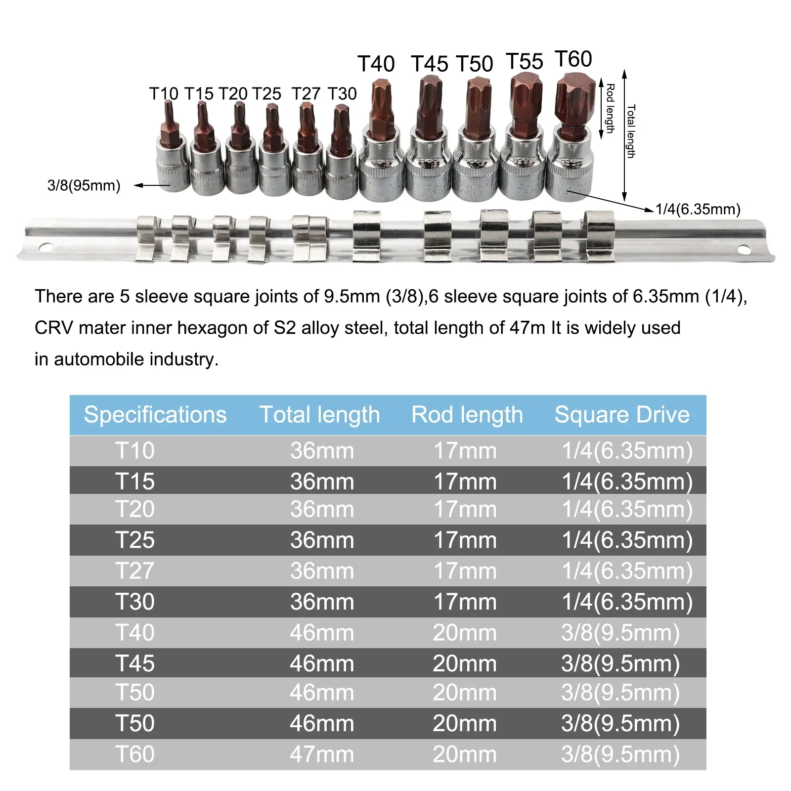 11Pcs Set Torx Screwdriver Bit Socket Bits T10-T60 3/8