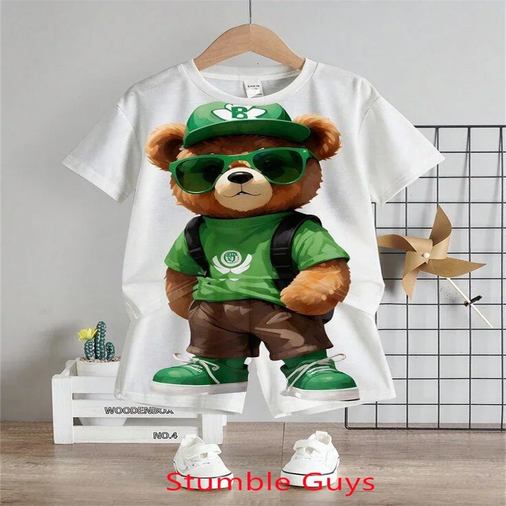 Fashion Brand Bear Tshirt Set Kids Summer Anime Clothes Tracksuit Boys Girls Tops One Piece Cartoon Sonic 2pcs Short Sleeve