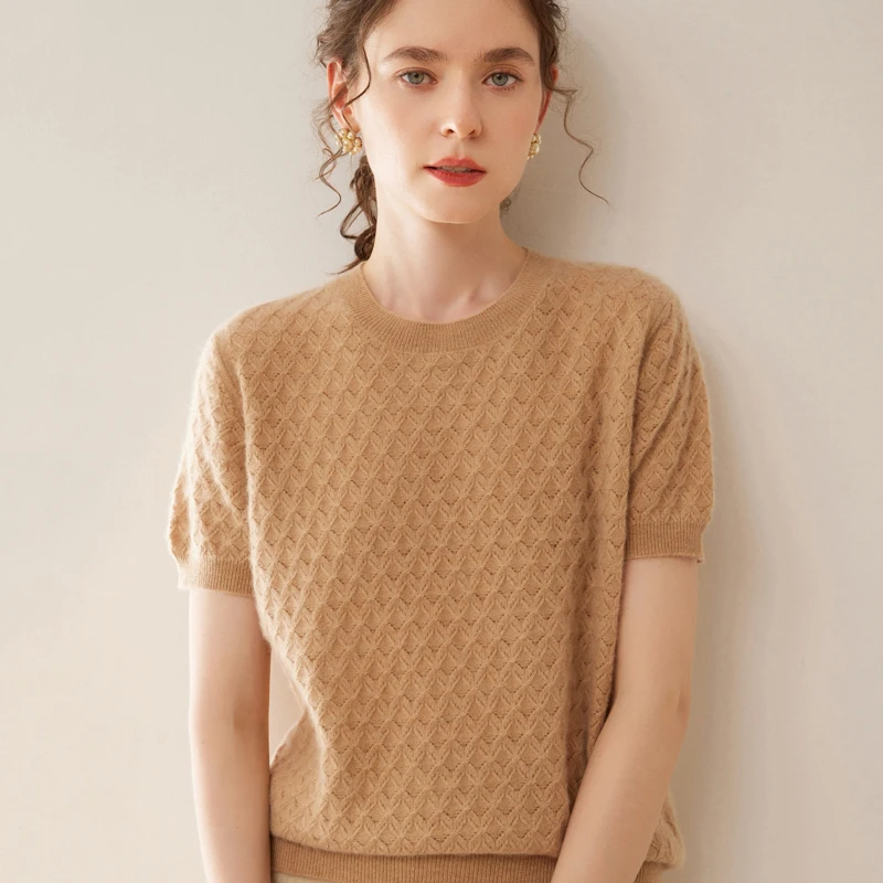 

Осень/зима, новый женский вязаный свитер с короткими рукавами и круглым вырезом, 100% кашемировый свитер с короткими рукавами, жилет, модная жаккардовая футболка