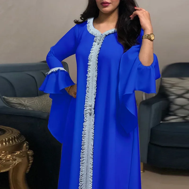 Malay-vestido musulmán de manga de loto para mujer, Abaya bordada, vestido de noche musulmán, caftán, Elegante