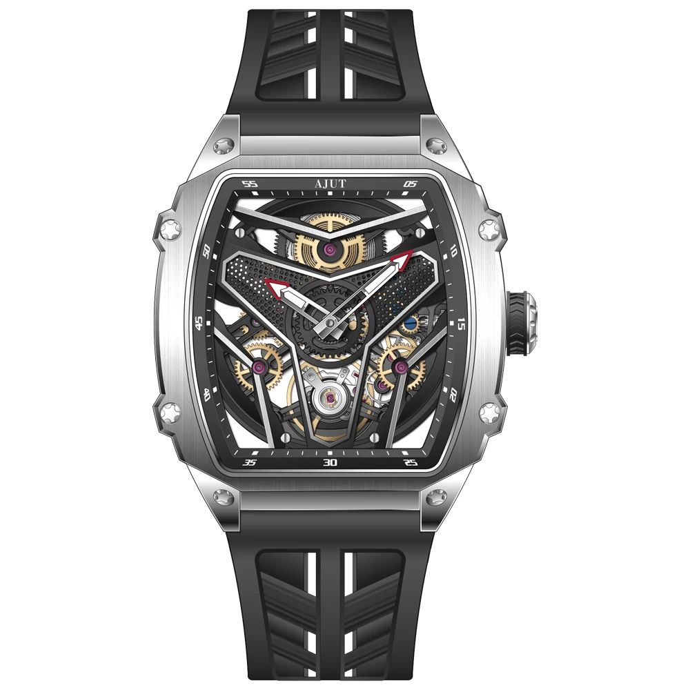 

AJUT Automatic Movement Sapphire Skeleton Watches For Man Waterproof Luxury Hollow Tonneau Men's Watch Power Reserve 50h 0581