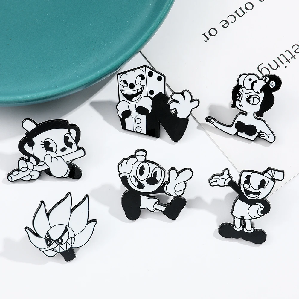 Fashion Cuphead Game Creative Enamel Pins Black White Simple Figure Brooches Metal Lapel Badges Accessories Gifts