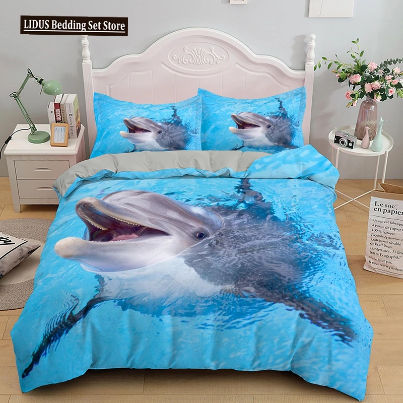 

Dolphin Duvet Cover Set 3D Fish In Blue Sea Cute Animals Queen King Twin Full Size Bedding Set For Kids Boy Girl Comforter Cover