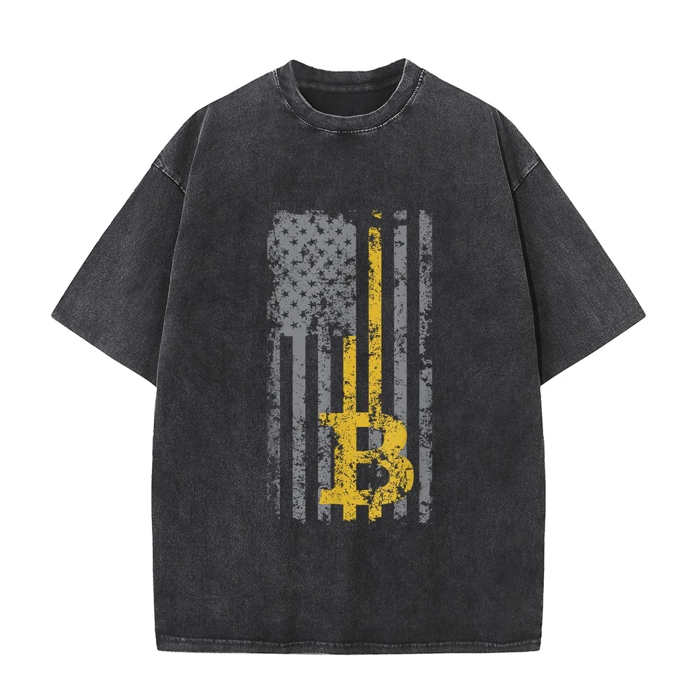 Bitcoin USA Flag Distressed Digital Currency Lover T-Shirt 2000s Clothes Y2k Топики Vintage Unisex Men Cotton Tee Patriotic