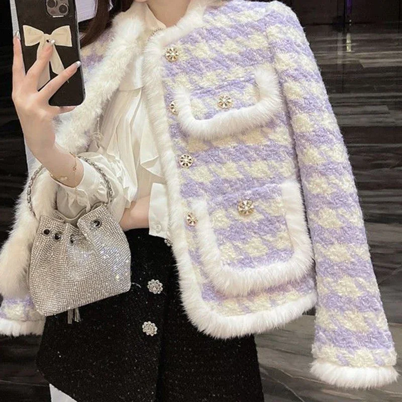 

Ladies small fragrance coat women winter padded cotton high sense houndstooth violet short fashion wool cotton-padded jacket