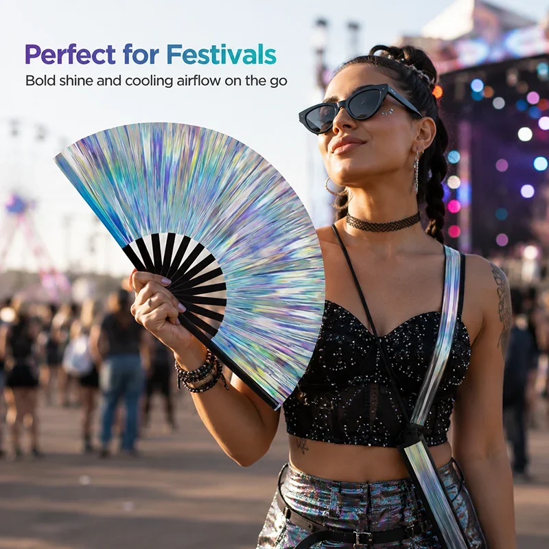 Folding Hand Fan, Thick Bamboo Frame for Men Women Gift for EDM, Festival, Club, Party, Dance, Decoration