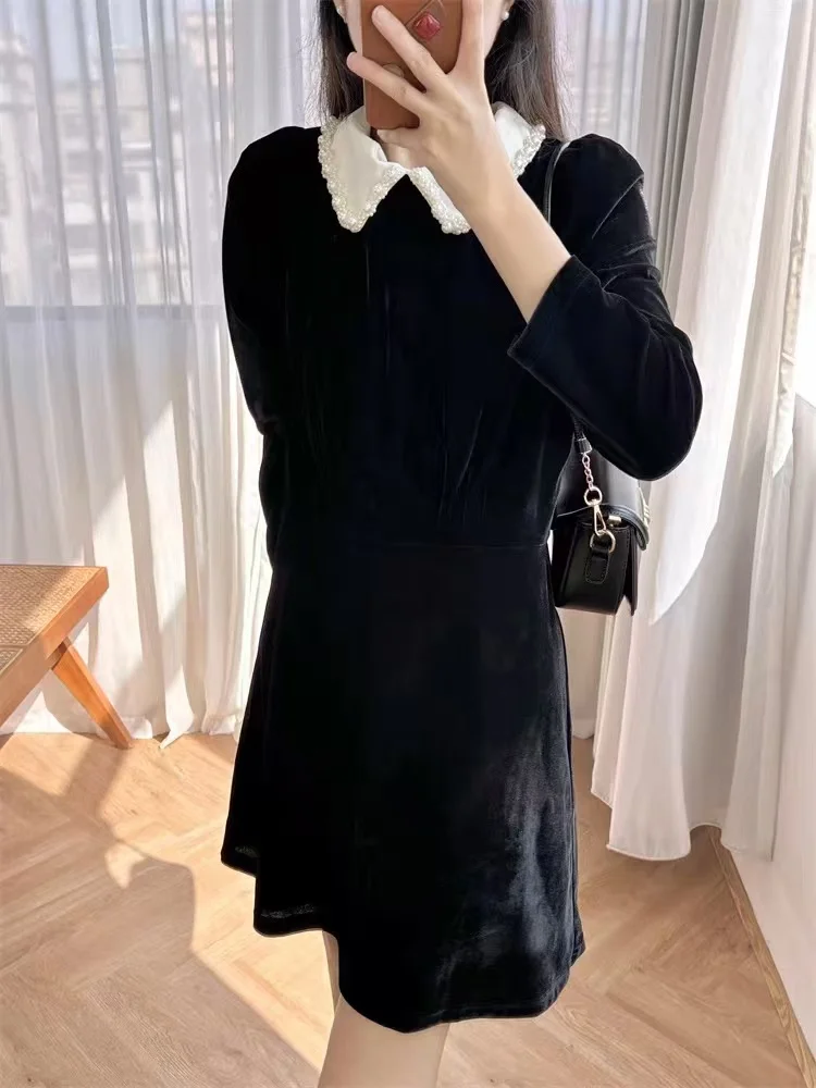 Autumn New Fashion Black Velvet Mini Dress Women Elegant Detachable Pearl Trim Collar Slim Long Sleeve Short Robe Ladies 2024