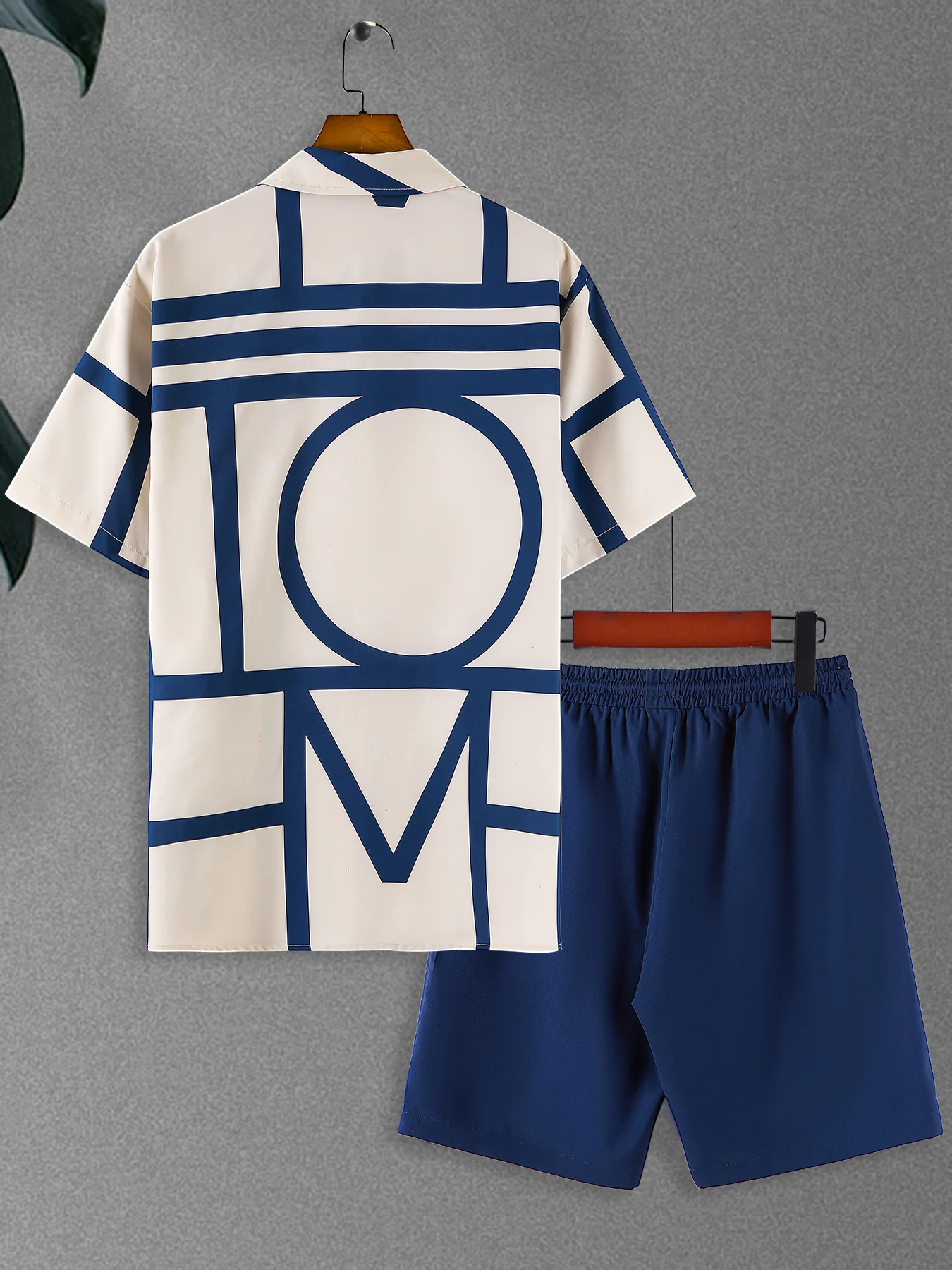 Men's Summer Casual Set, Abstract Geometric Line Print Button Down Shirt & Elastic Waist Shorts