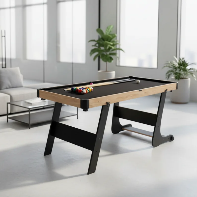 

Hot Sale 4.5 ft Indoor Sports Folding Billiard Snooker Pool Table with Plastic Pockets Wheels Space Saving Home Usepromote sales