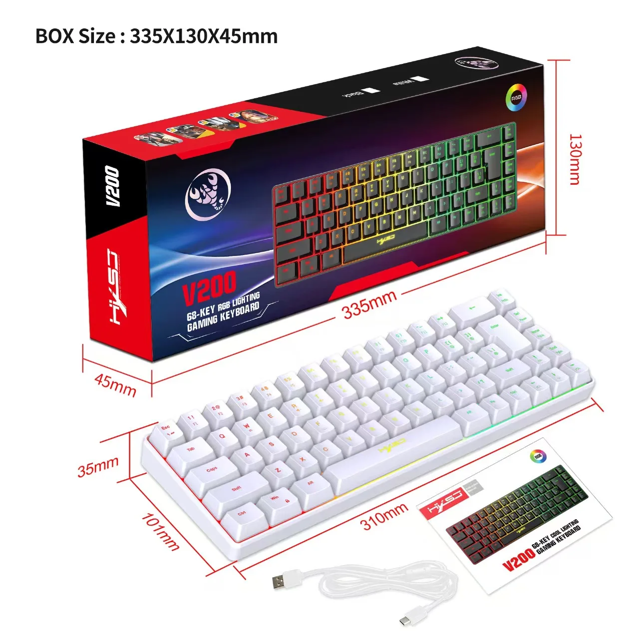 The HXSJ wired keyboard and mouse set, featuring a 68-key membrane keyboard, RGB lighting, USB plug-and-play functionality, is s view 4
