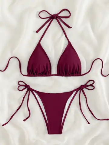 Summer wine red bow tie front tie bikini swimsuit set