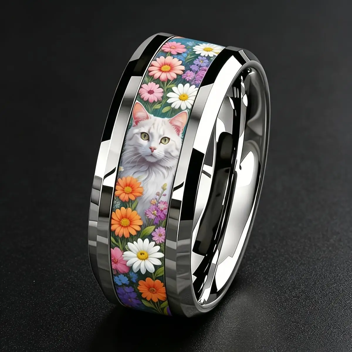 Boho White Cat & Vibrant Mixed Wildflower Inlay Stainless Steel Ring Sweet Garden Pet Style Stackable Band Jewelry Gift For Her
