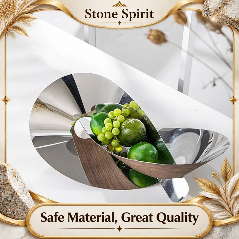 【Premium】Wood Grain Metal Irregular Winding Fruit Tray, Geometric Art Stainless Steel Tray, Dining Table Decoration Storage Tray