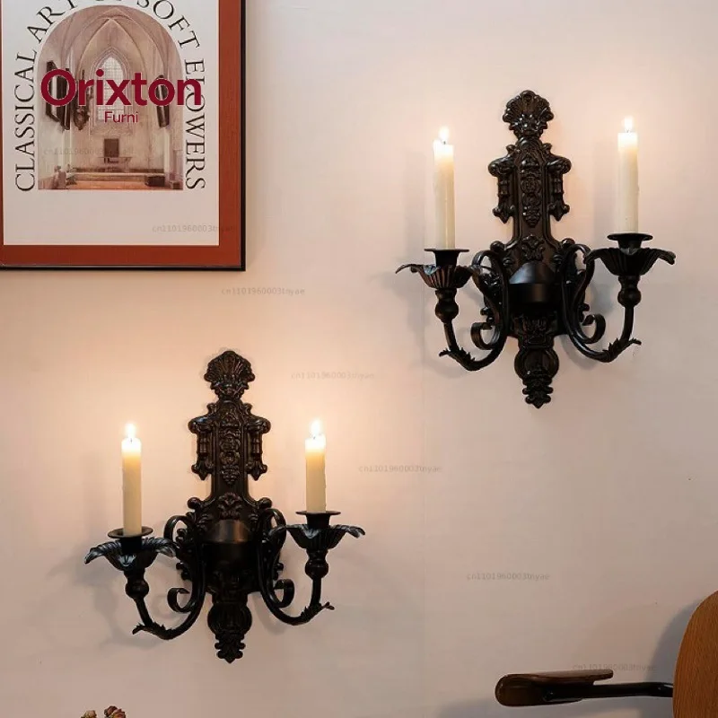 American Retro Candle Holder Black Wall-mounted Candlestick Background Wall Decoration Double Head Candle Cup Courtyard