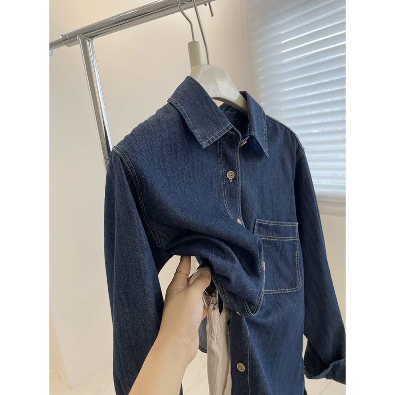

Женская джинсовая рубашка для похудения в стиле ретро, повседневная верхняя одежда с длинными рукавами, модная многослойная весна-осень, глубокая свет, два цвета