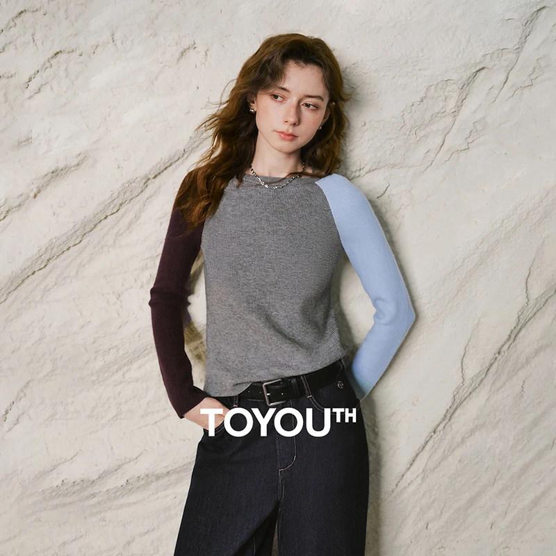 TOYOUTH Women Knit Sweater 2026 Winter New Asymmetric Color Block Long Sleeve Slim Fit Base Tops
