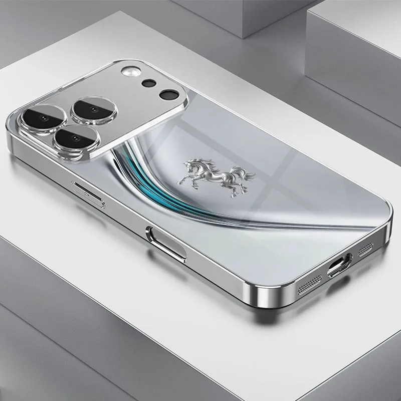 

Silver Leap Horse Pattern Tempered Glass Phone Case For iPhone 17 16 15 14 13 12 11 Pro Max 16 Plus 17 Air Electroplate Cover