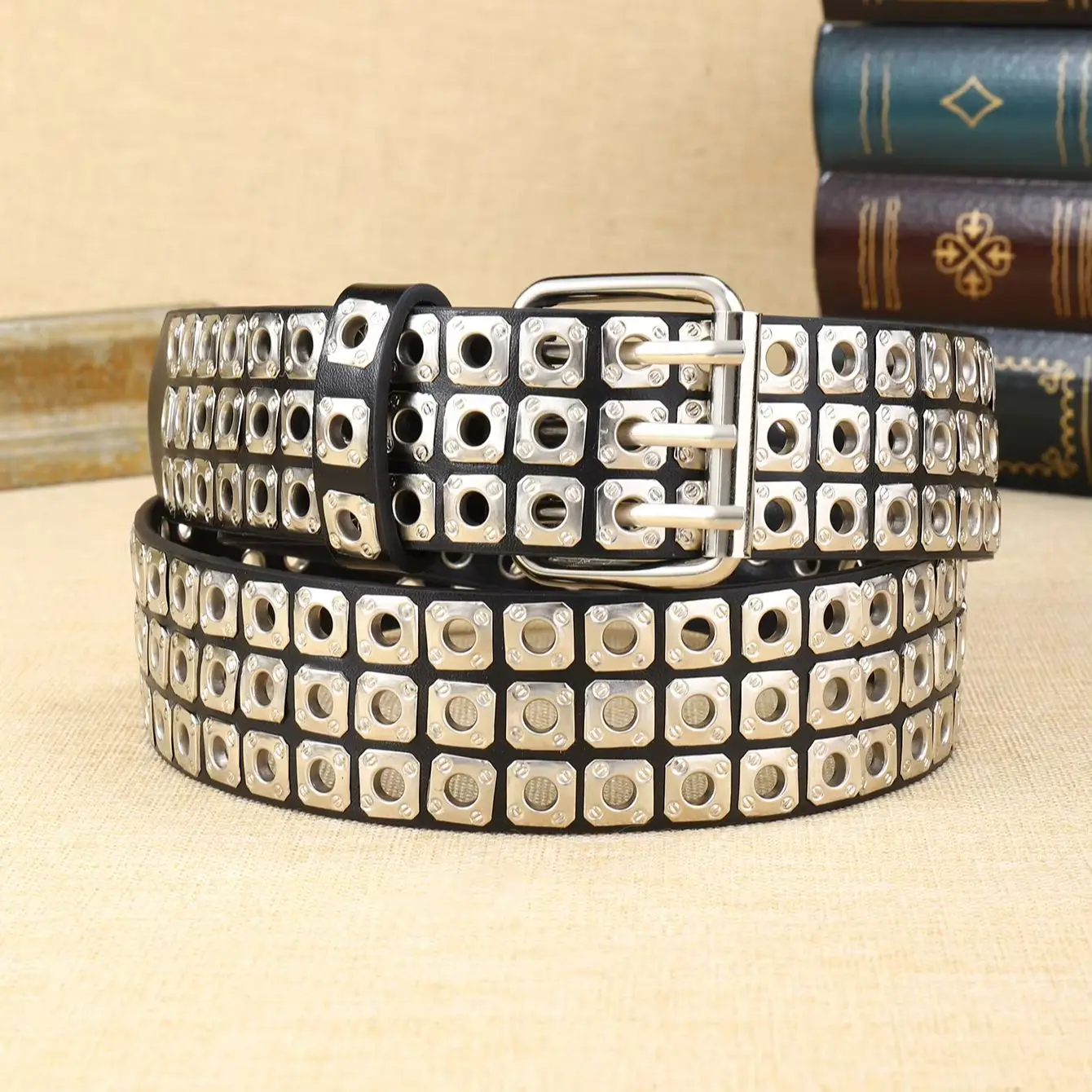 A unisex square bead studded three-row eyelet punk style PU belt, Y2K millennial hip-hop style belt